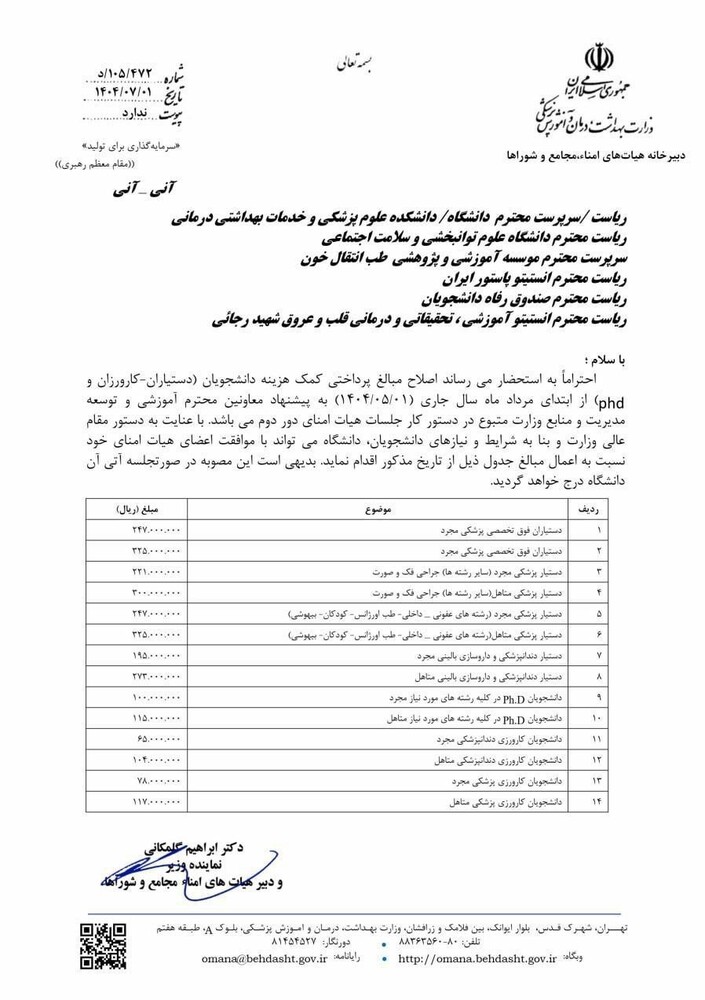 افزایش حقوق دستیاران پزشکی ابلاغ شد